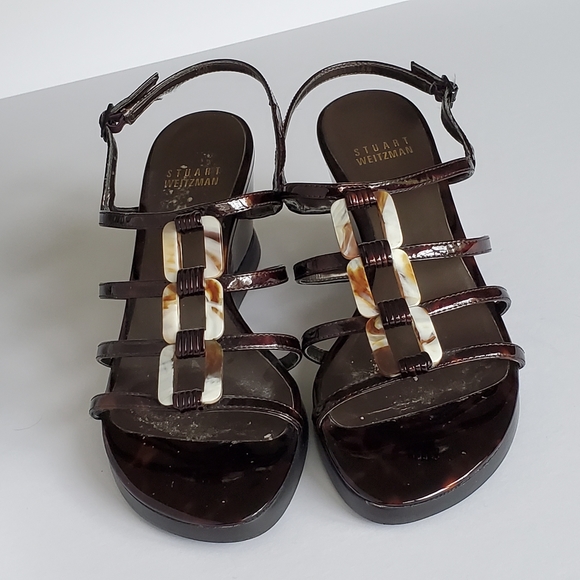 Stuart Weitzman Women's Brown Patent Leather Strappy Wedge Heel Sandal Size 6 - Picture 4 of 10